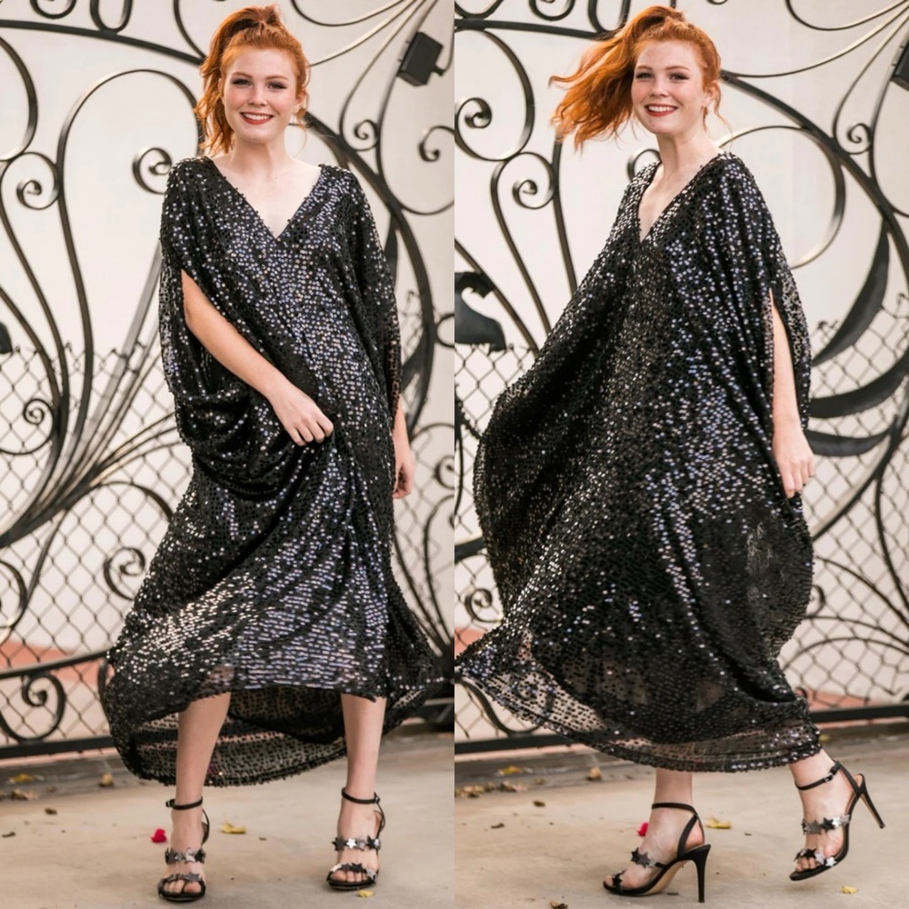 Jennafer Grace Black Sequin Caftan Kaftan Dress